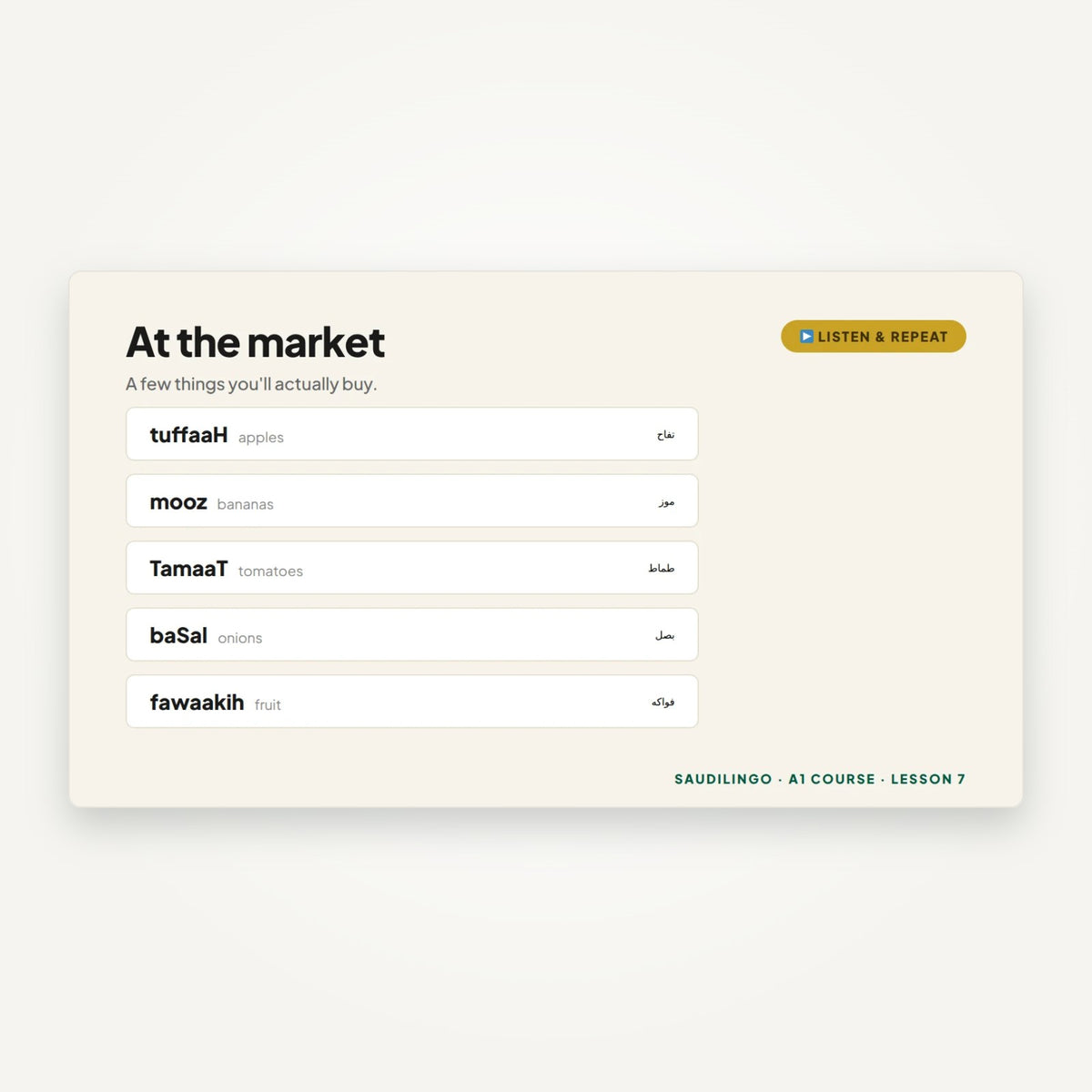 Inside a lesson: everyday market vocabulary in Saudi dialect